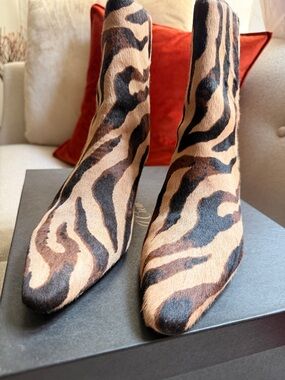 J. Crew Zebra-Pattern Pointed Ankle Boots in Tan and Black